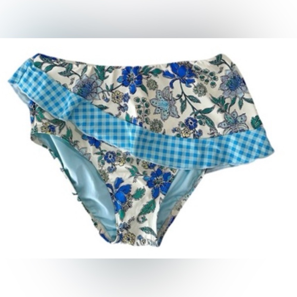 Lands' End Womans Blue Floral Ruffle Swim Bottoms with Gingham Trim